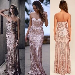 LULU'S Bariano Rebecca Rose Gold Strapless Sequin Maxi Dress Sweetheart Bustier